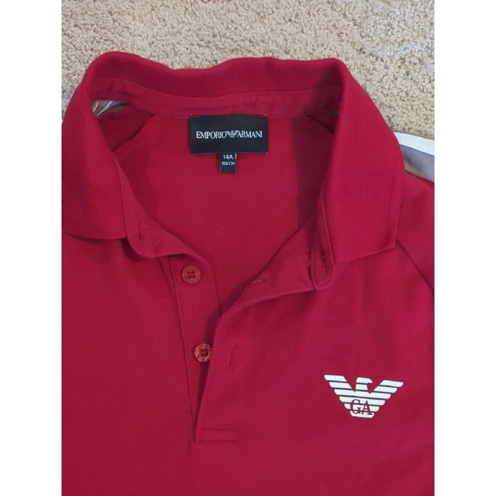 Emporio Armani Polo Shirt Boys 14A Red Excellent Striped Shoulder Logo Top